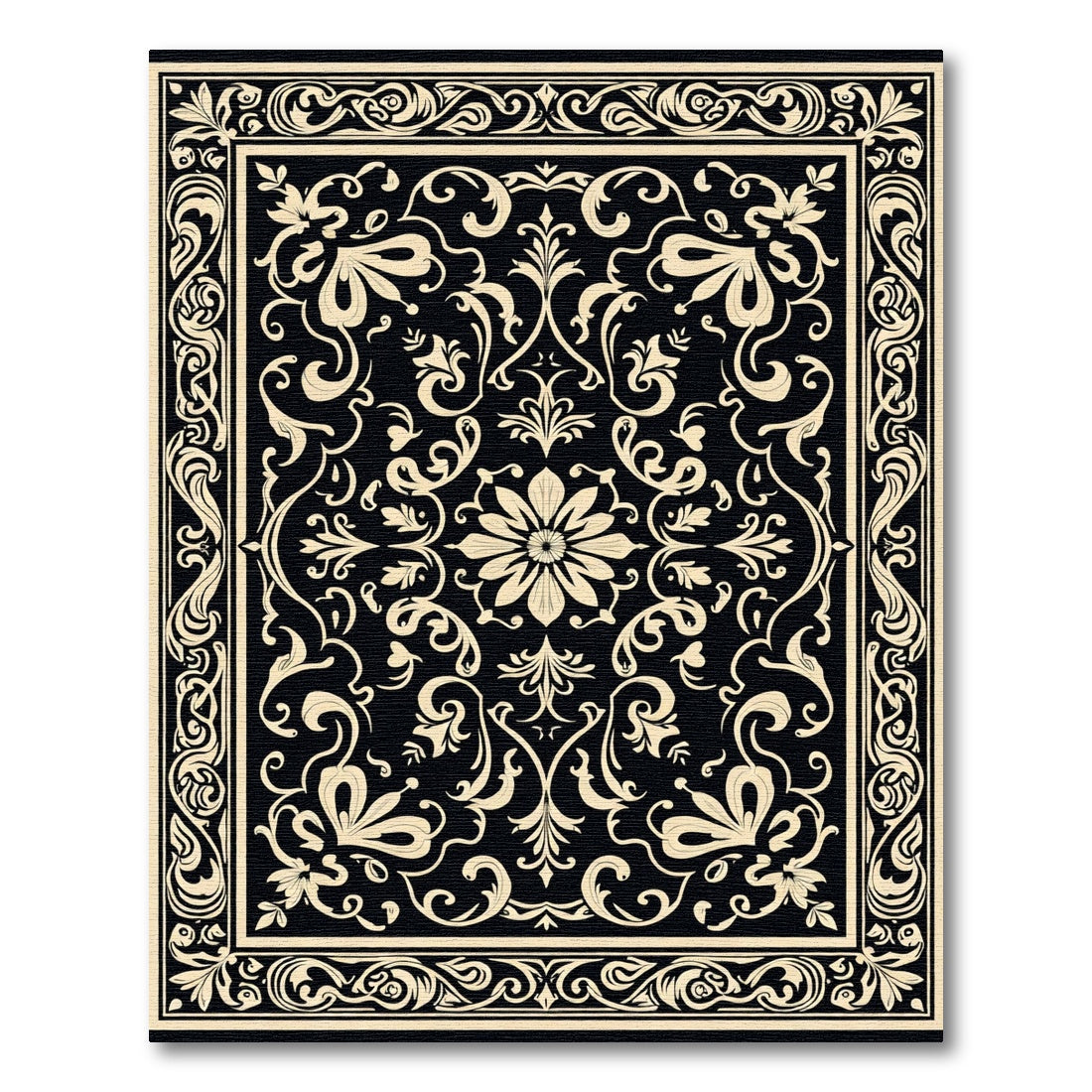 Black Ivory Floral Medallion Scroll Rug