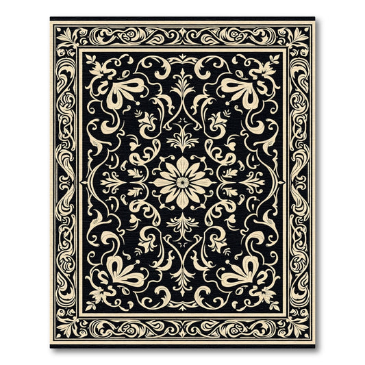 Black Ivory Floral Medallion Scroll Rug