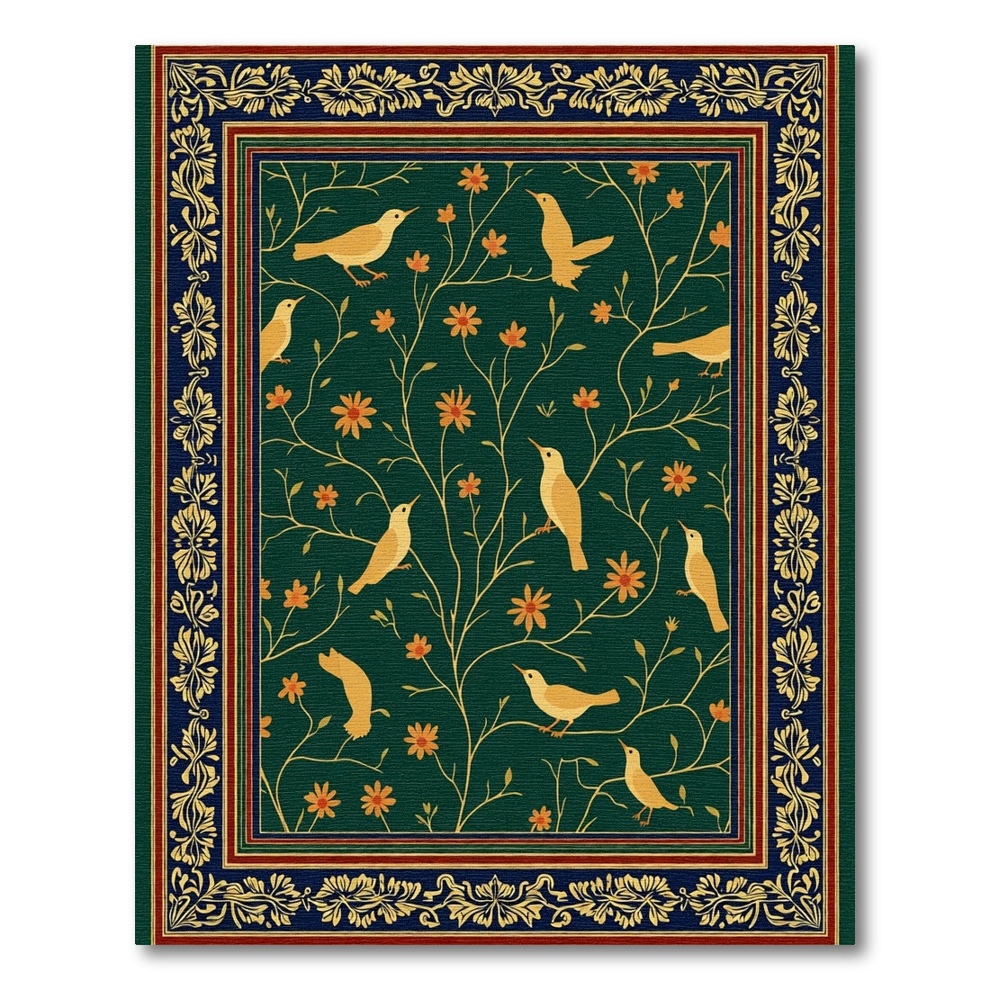Golden Birds Orange Flowers Dark Green Rug