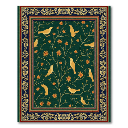 Golden Birds Orange Flowers Dark Green Rug