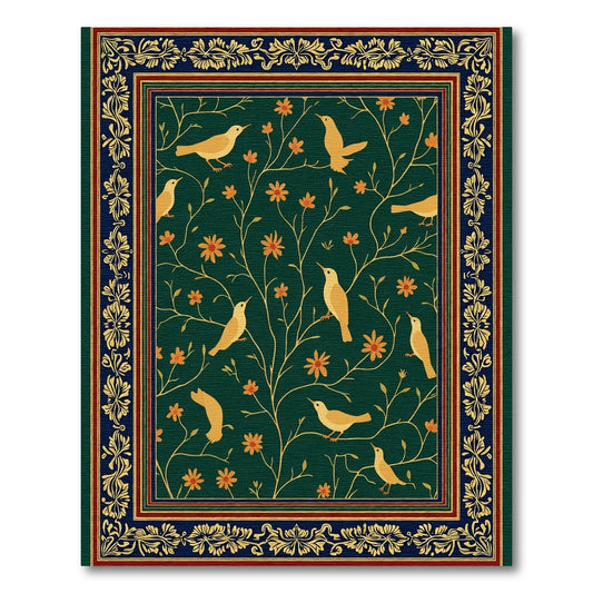 Golden Birds Orange Flowers Dark Green Rug