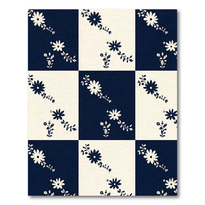 Chic Navy Cream Floral Court Squares Rug