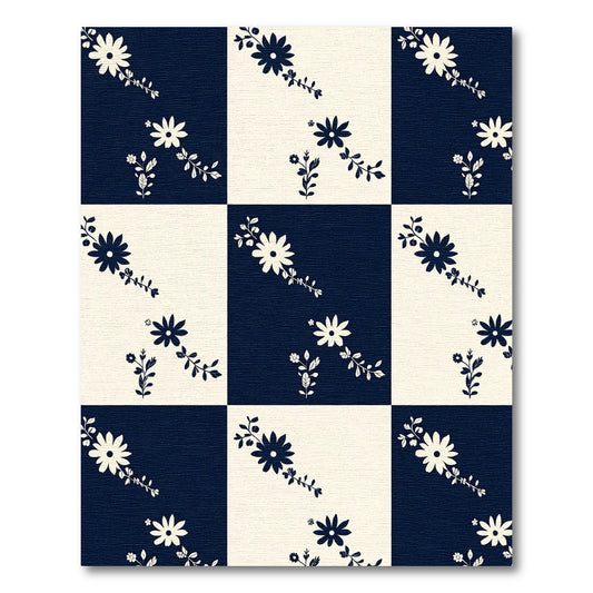 Chic Navy Cream Floral Court Squares Rug