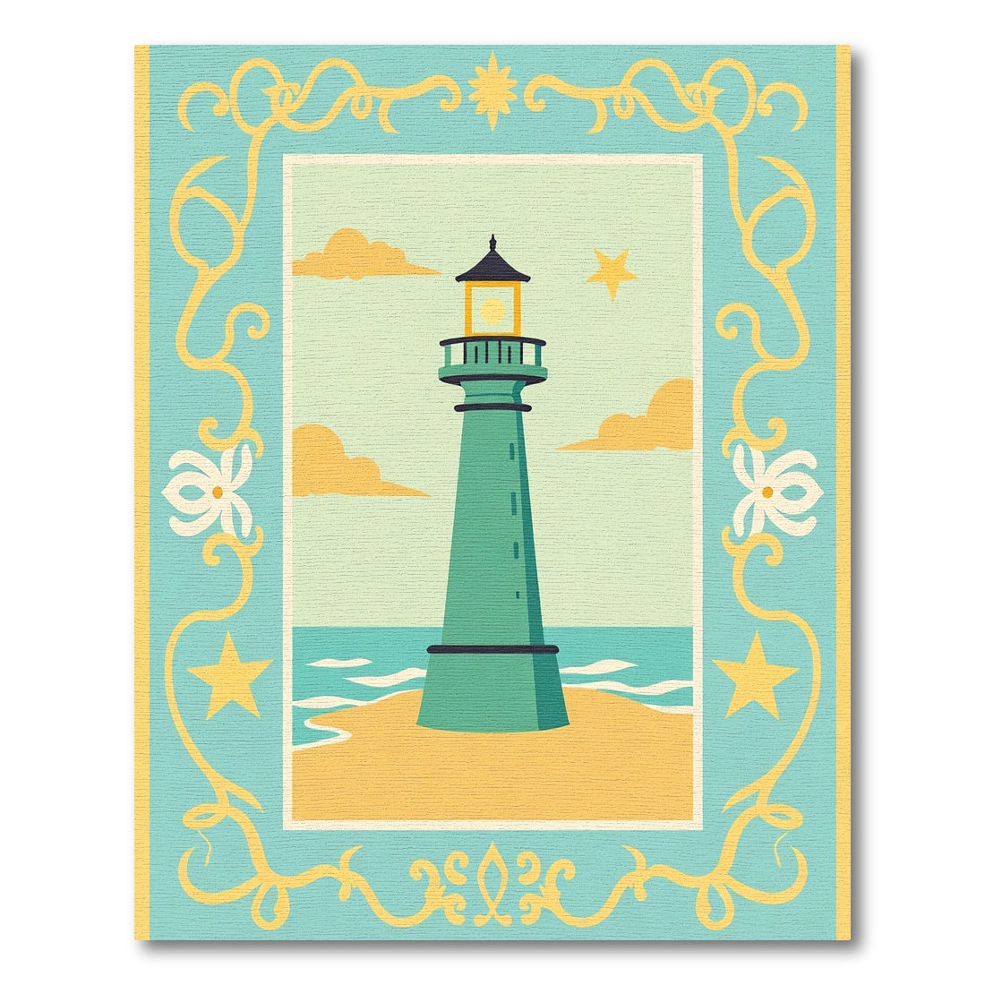 Coastal Lighthouse Beach Yellow Border Rug