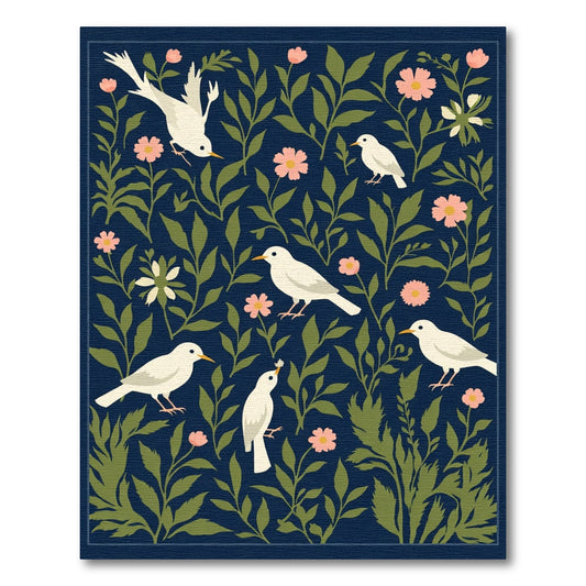 Charming White Birds Pink Floral Navy Rug