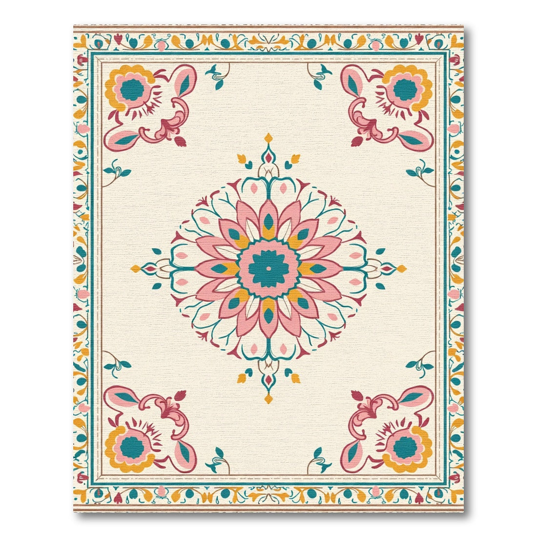 Terracotta Teal Pink Floral Medallion Rug