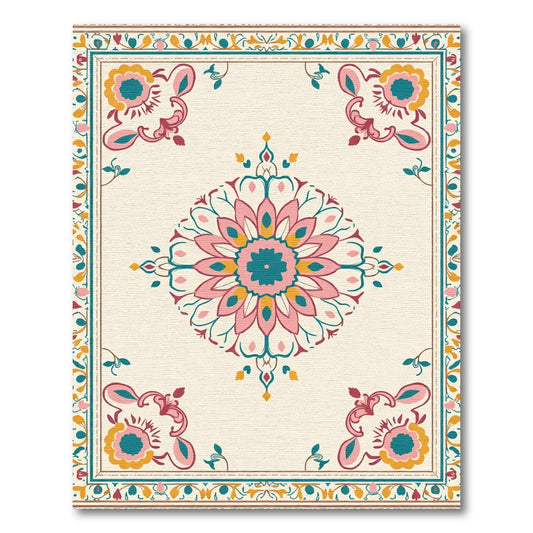 Terracotta Teal Pink Floral Medallion Rug