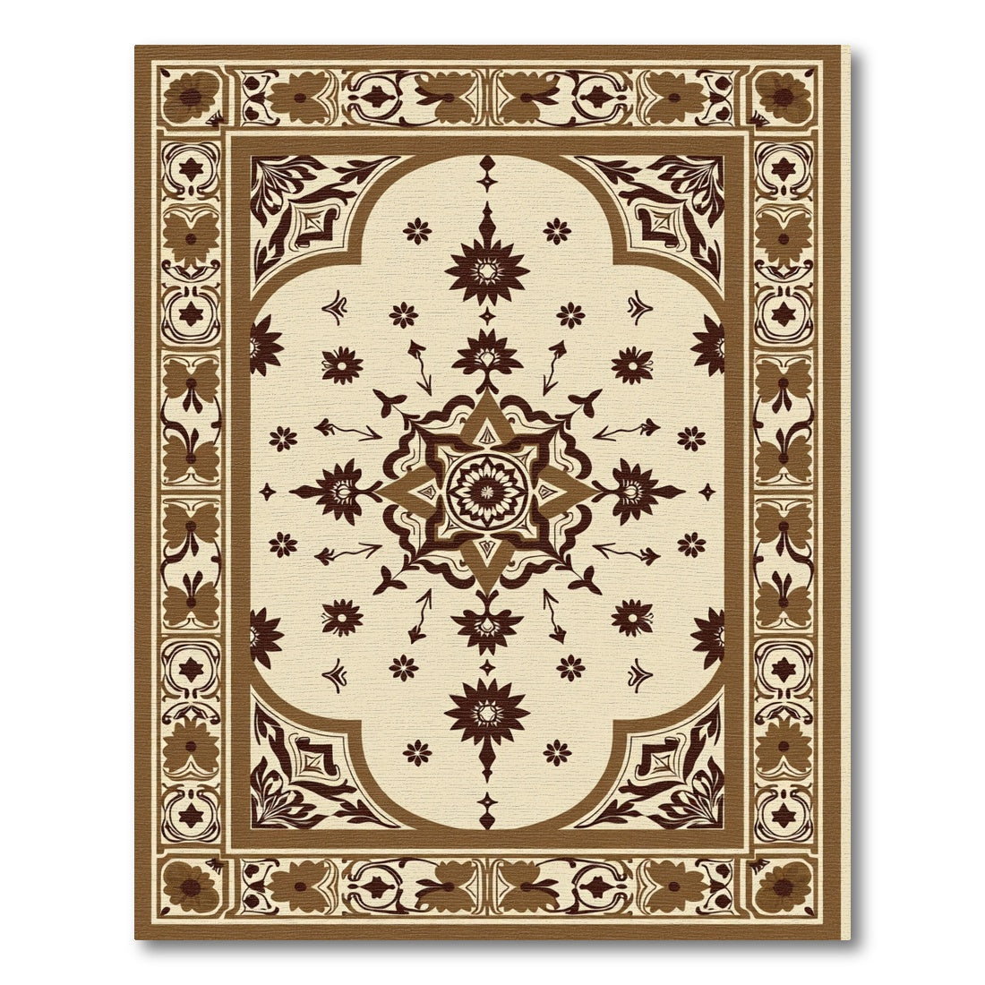 Brown Cream Floral Medallion Border Rug