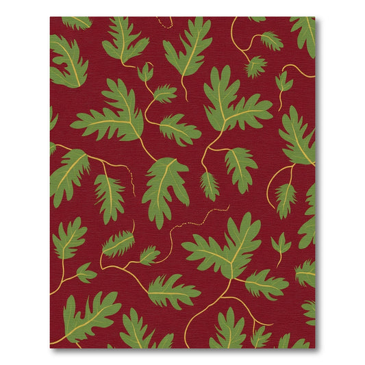 Deep Red Green Oak Leaf Vines Rug