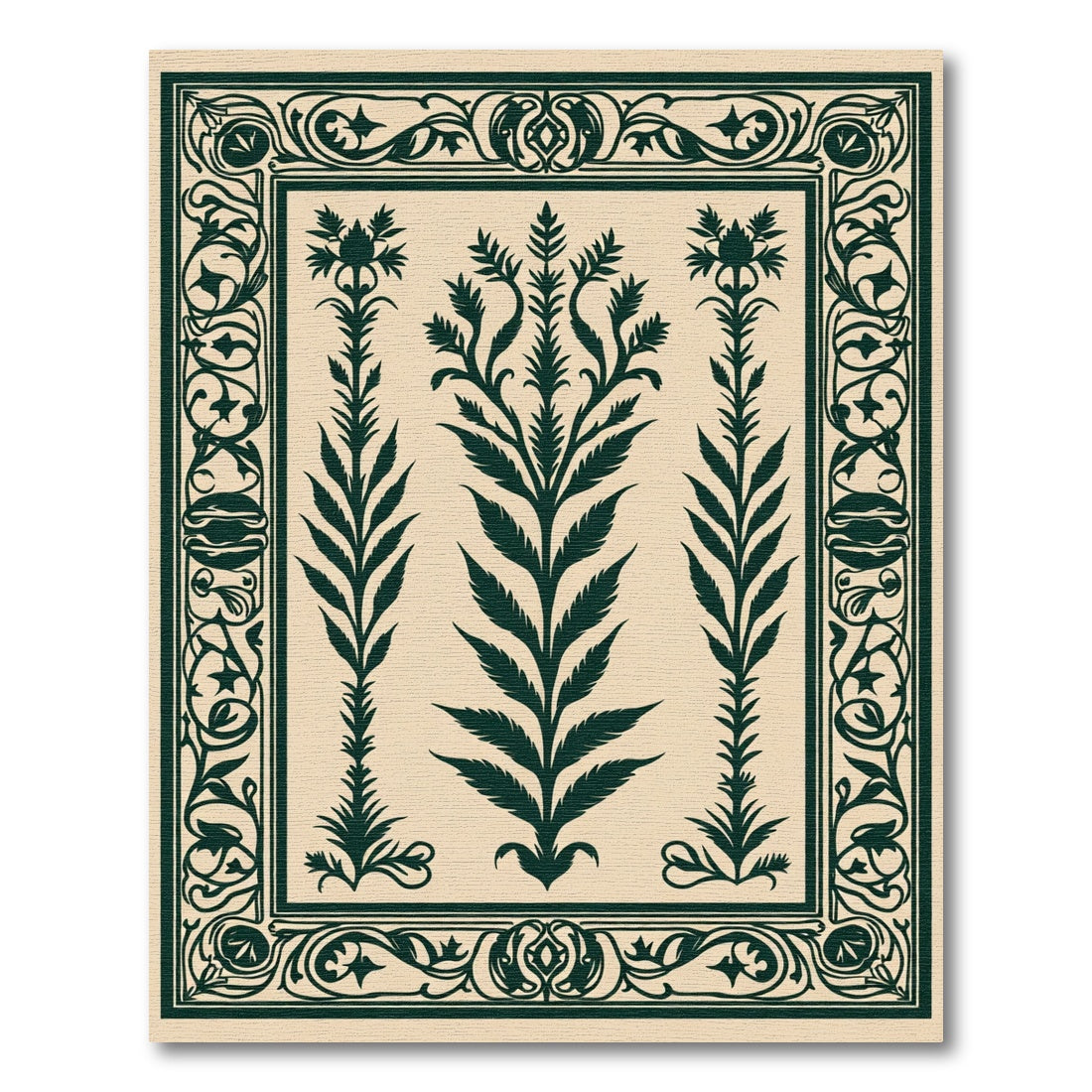 Dark Green Floral Triptych Border Rug