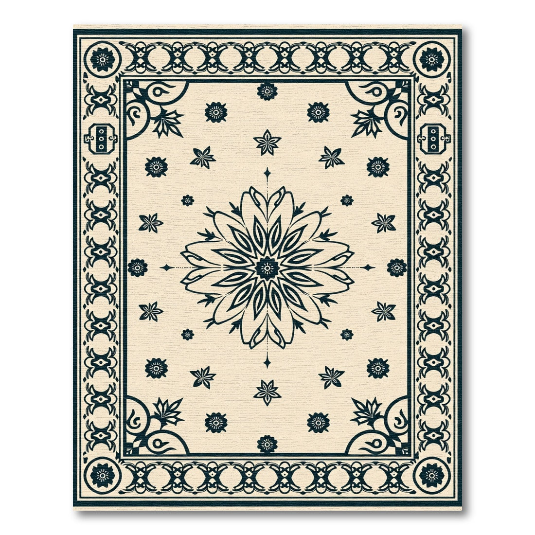 Cream Dark Blue Floral Medallion Border Rug