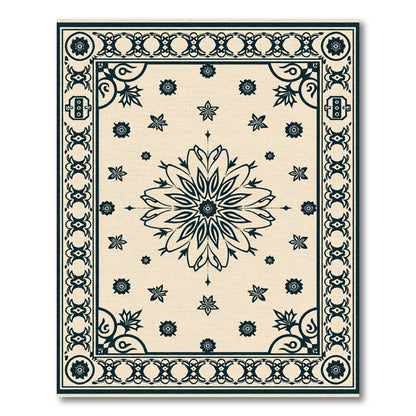 Cream Dark Blue Floral Medallion Border Rug
