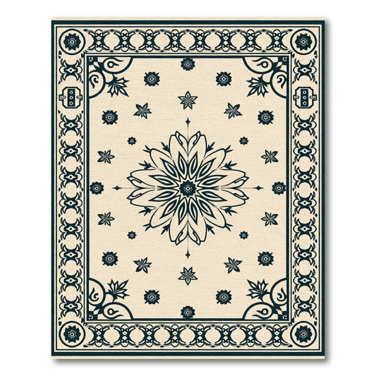 Cream Dark Blue Floral Medallion Border Rug