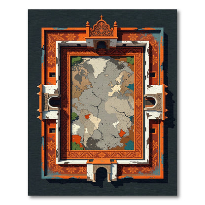 Ornate Orange Cracked World Map Rug