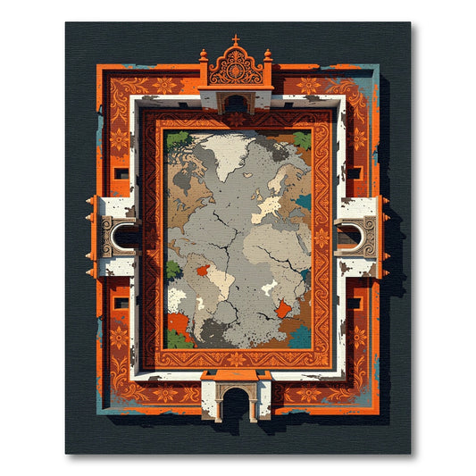 Ornate Orange Cracked World Map Rug