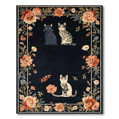 Black and White Black Cat Floral Vintage Area Rug