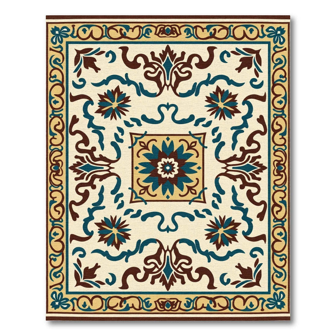 Cream Brown Teal Floral Medallion Rug