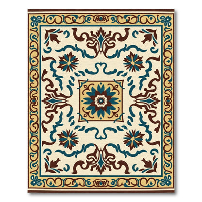 Cream Brown Teal Floral Medallion Rug