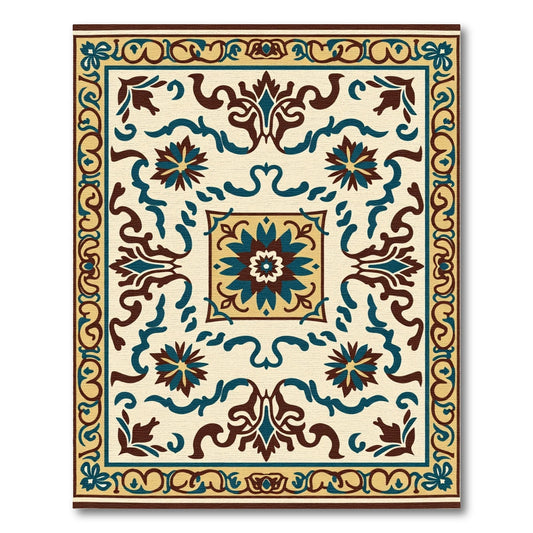 Cream Brown Teal Floral Medallion Rug
