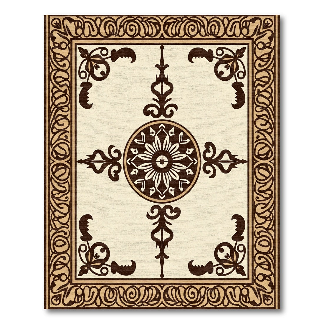 Brown Cream Ornamental Medallion Border Rug