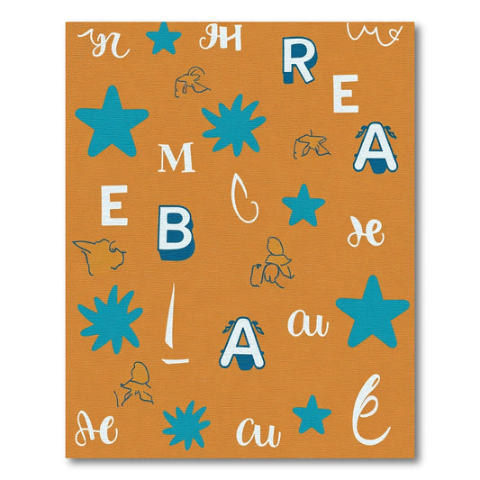 Playful Teal Star Alphabet Collage Rug