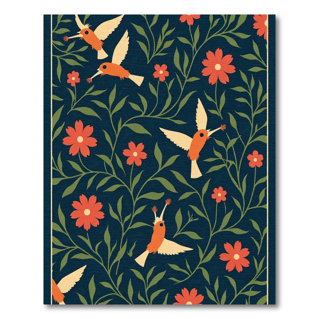 Orange Hummingbirds Floral Navy Garden Rug
