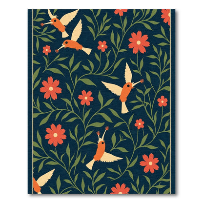 Orange Hummingbirds Floral Navy Garden Rug