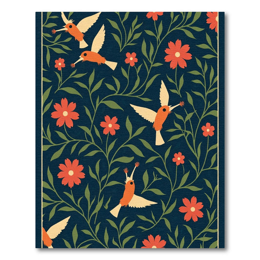 Orange Hummingbirds Floral Navy Garden Rug