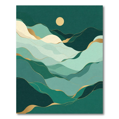 Emerald Green Wavy Landscape Gold Trim Rug