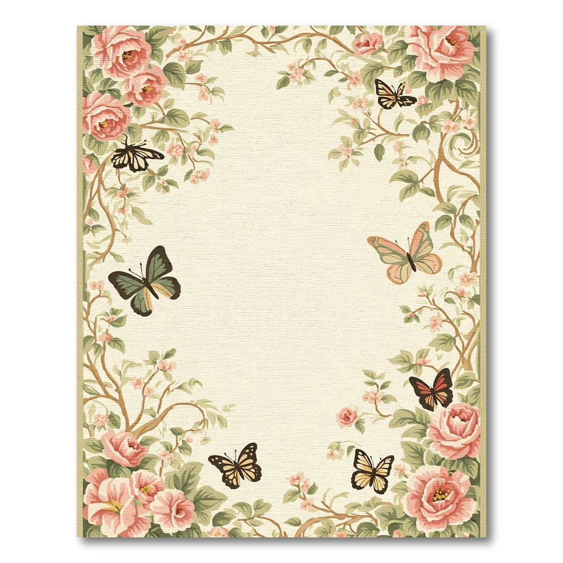 Romantic Pink Rose Butterfly Garden Rug