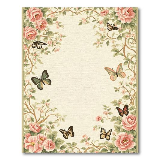 Romantic Pink Rose Butterfly Garden Rug