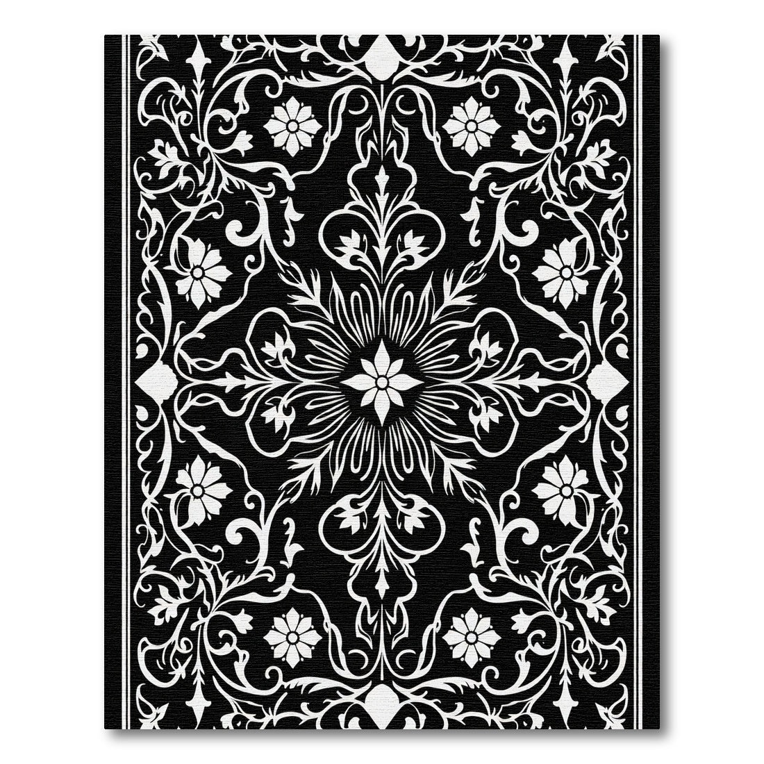 Elegant Black White Floral Scroll Rug