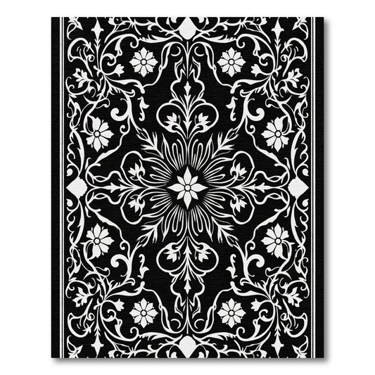 Elegant Black White Floral Scroll Rug