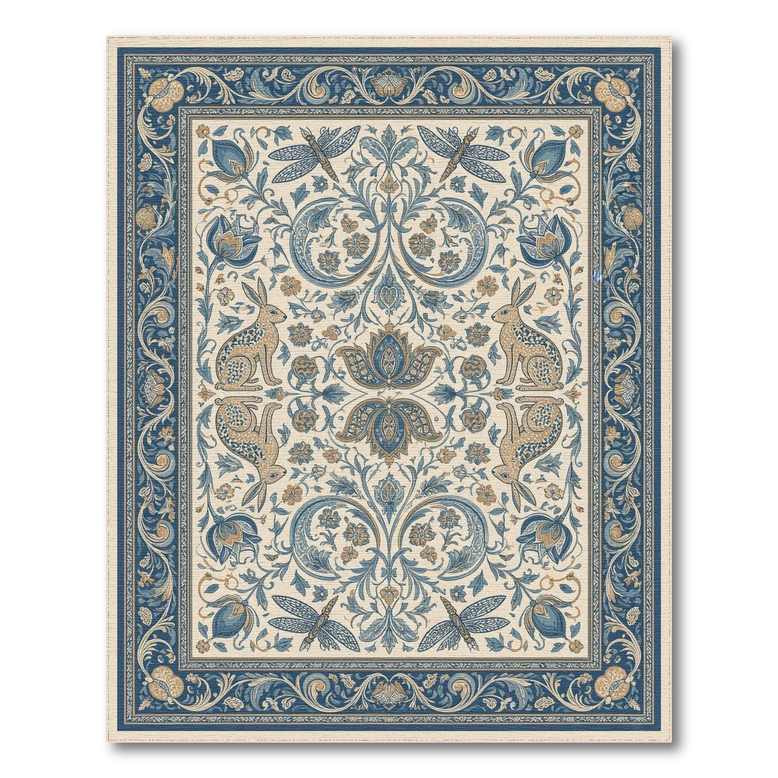 Blue Teal Floral Vintage Rabbit Area Rug