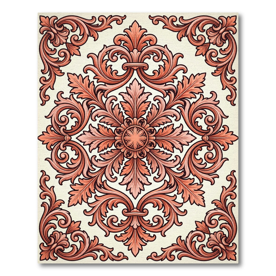 Coral Rococo Scroll Leaf Arrangement Rug