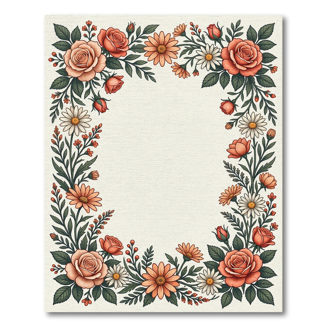 Coral Rose Daisy Vine Border Rug