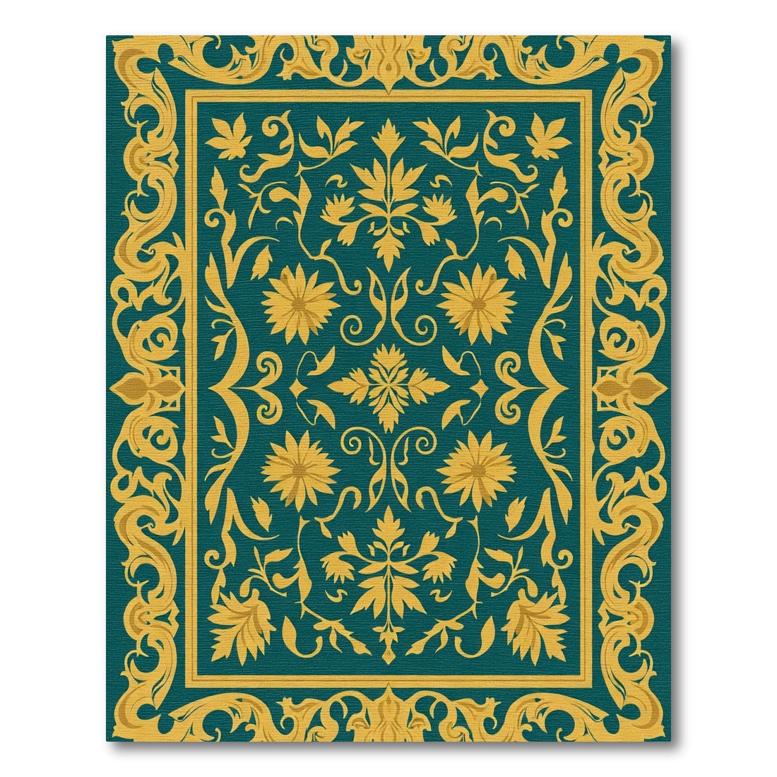 Teal Gold Ornate Floral Scroll Rug