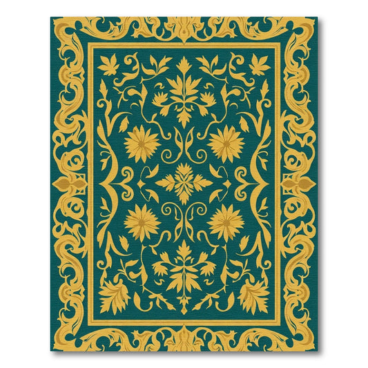Teal Gold Ornate Floral Scroll Rug