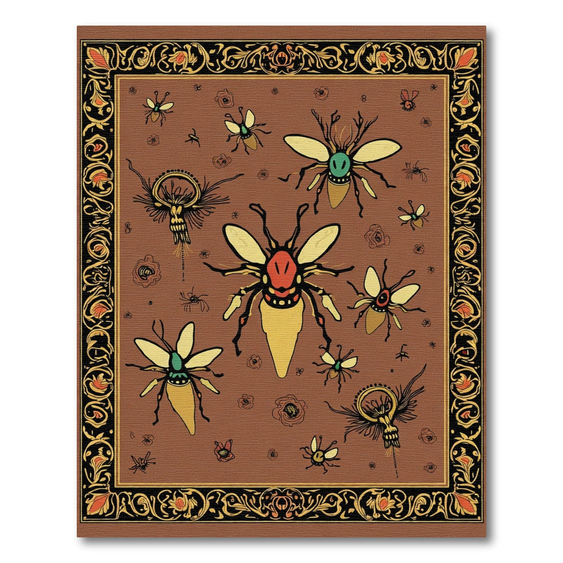 Brown Insect Medallion Ornate Border Rug
