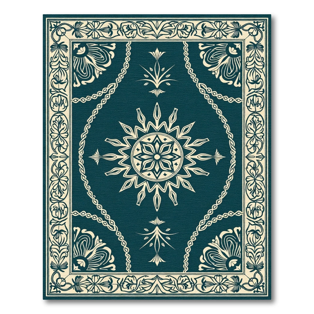 Aged Teal Floral Mandala Border Rug