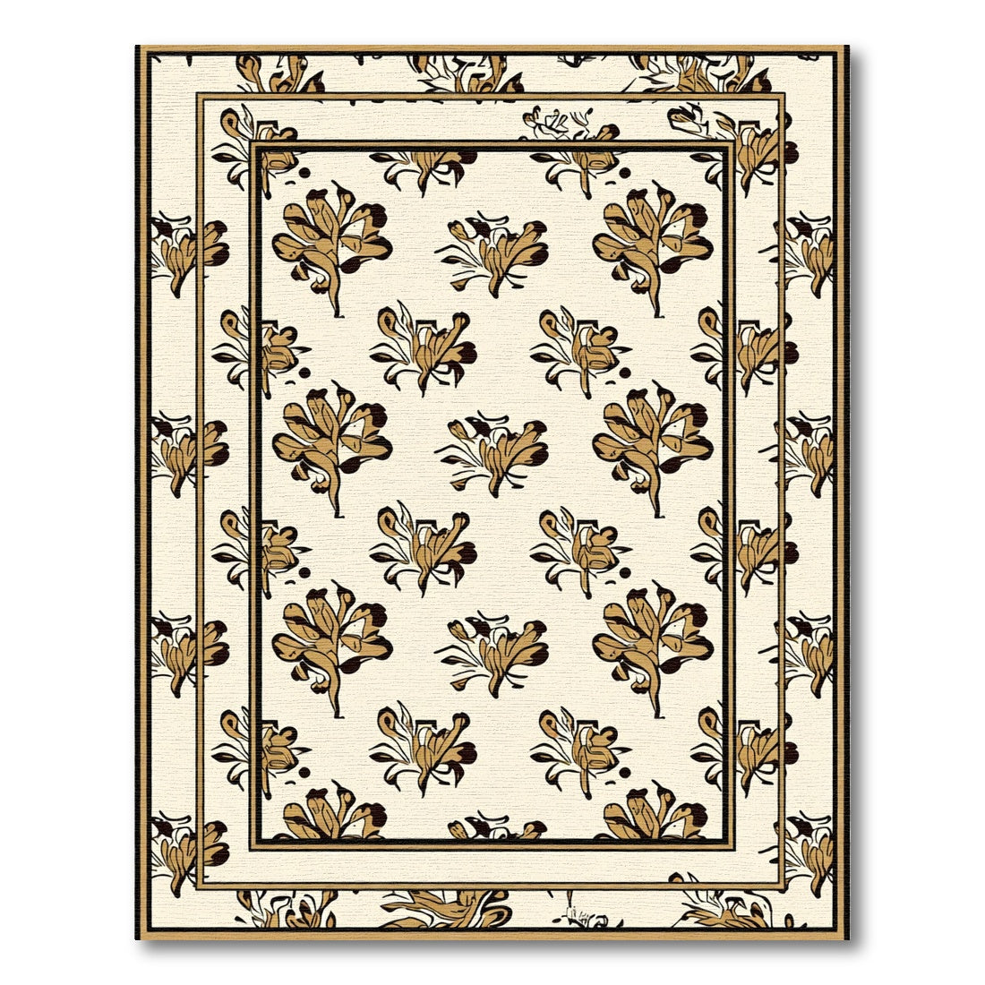 Golden Brown Floral Border Cream Rug