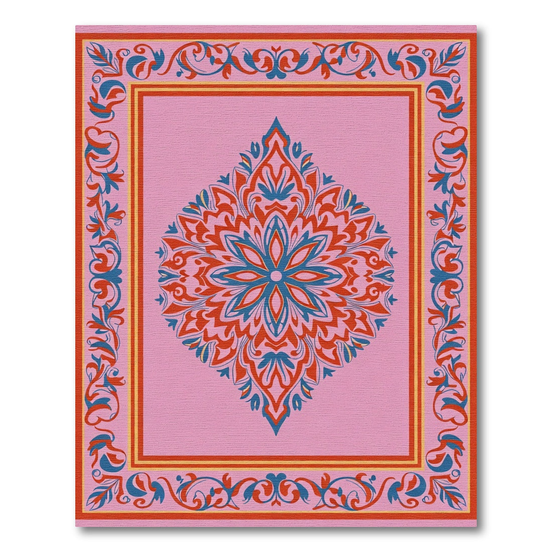 Pink Crimson Blue Floral Medallion Border Rug