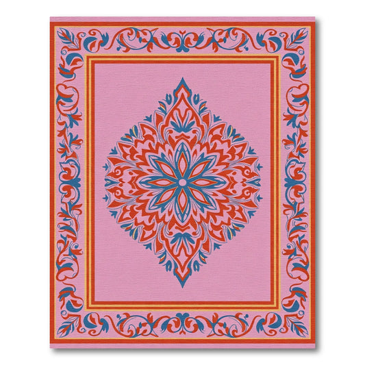 Pink Crimson Blue Floral Medallion Border Rug