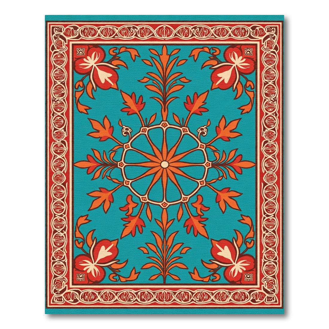 Turquoise Orange Floral Medallion Border Rug