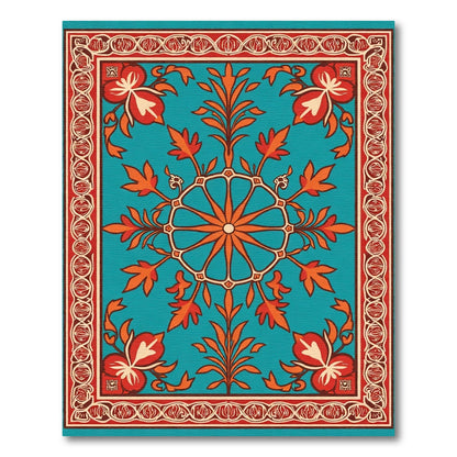 Turquoise Orange Floral Medallion Border Rug