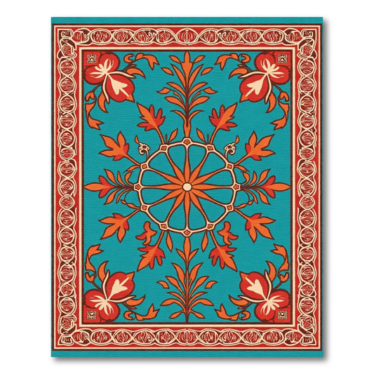 Turquoise Orange Floral Medallion Border Rug