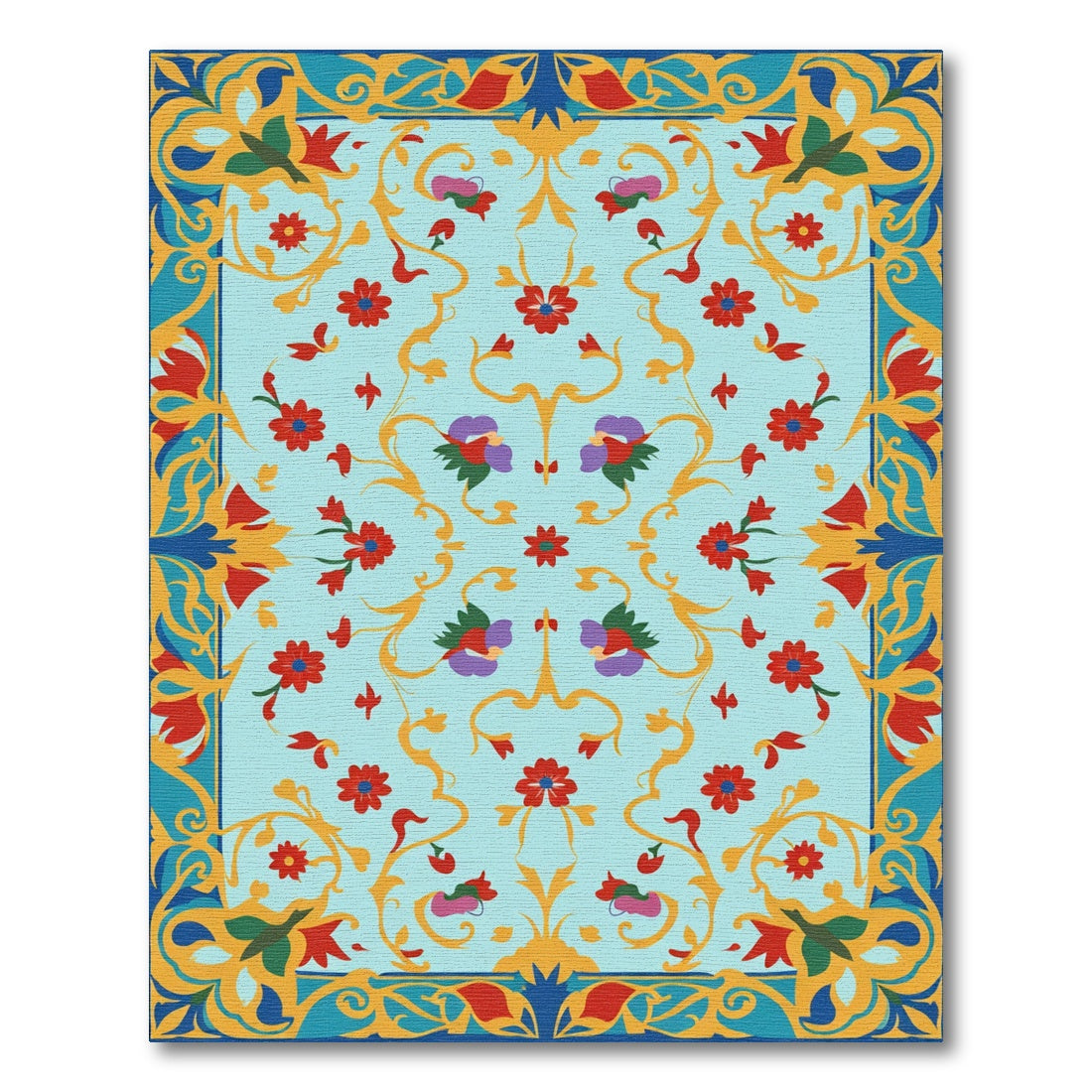 Turquoise Floral Scroll Garden Rug