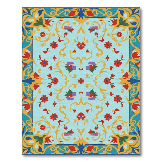 Turquoise Floral Scroll Garden Rug