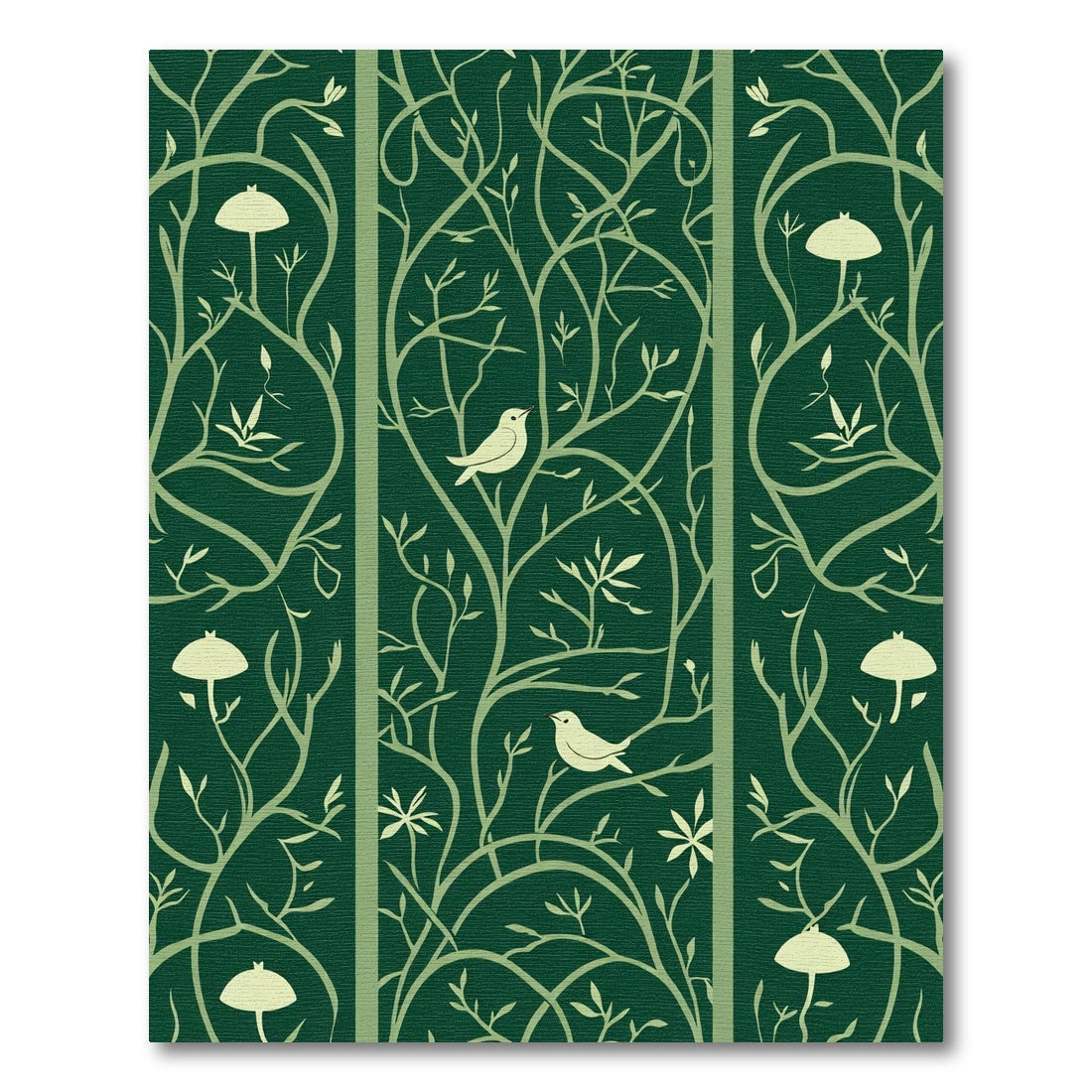 Earthy Green Bird Mushroom Botanical Scroll Rug