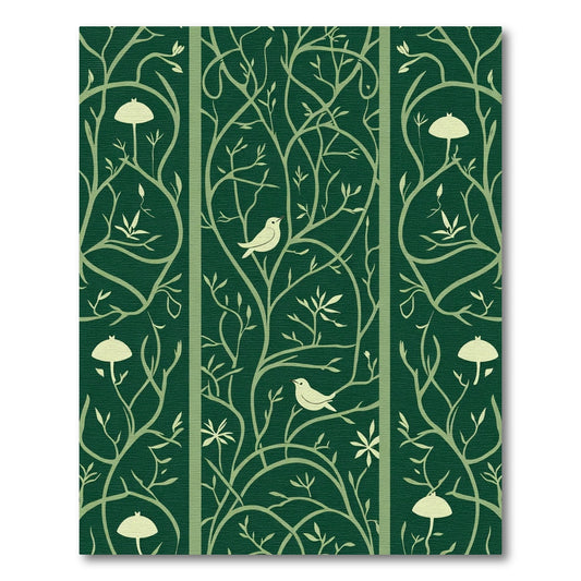 Earthy Green Bird Mushroom Botanical Scroll Rug